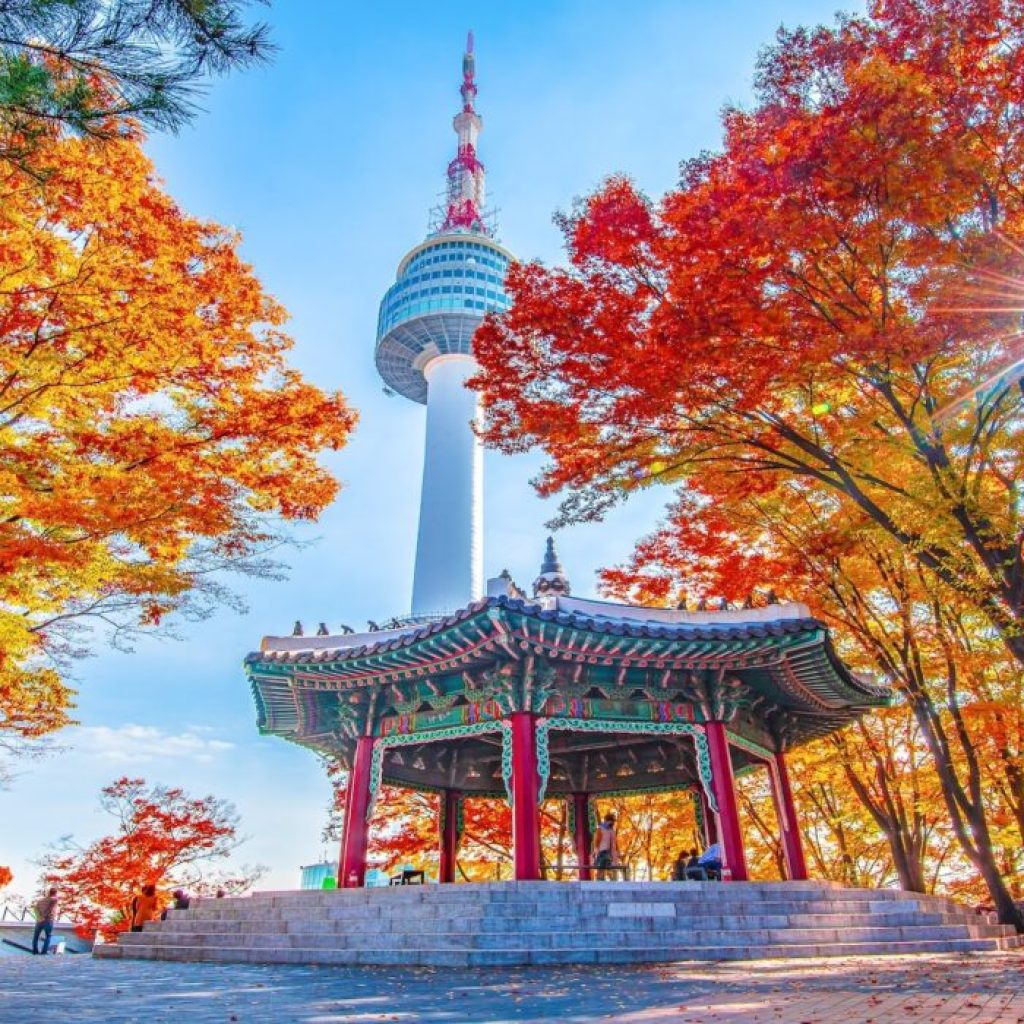 Namsan Tower and pavilion during the autumn leaves in Seoul, South Korea.