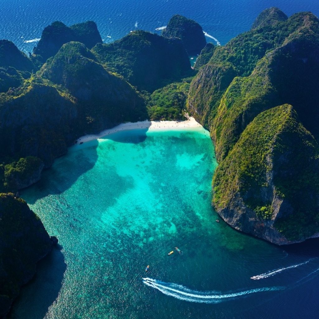 Aerial view of Maya bay in Phi phi island, Thailand.